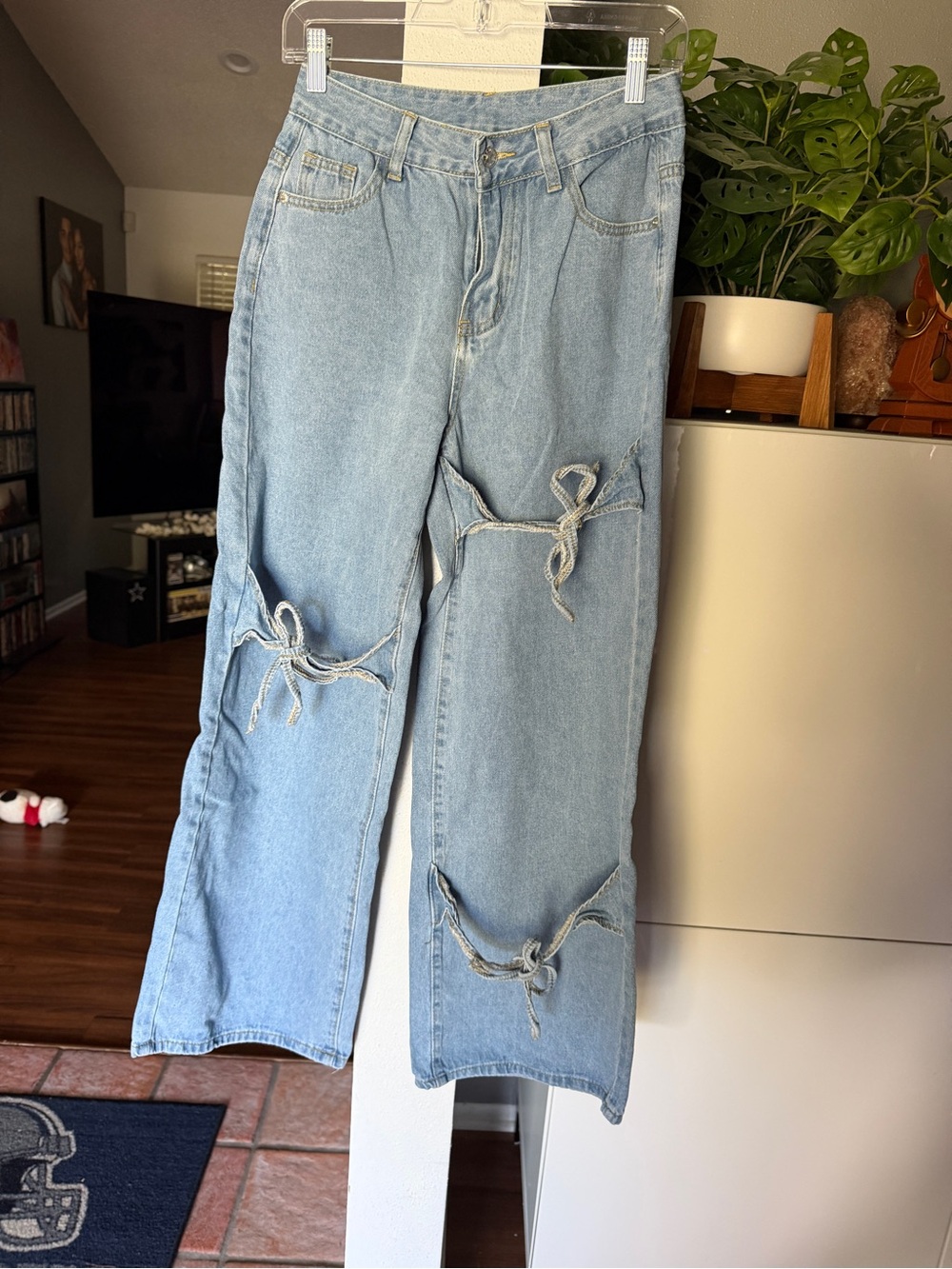 SHEIN Light Blue Distressed Tie-Detail Wide Leg Jeans